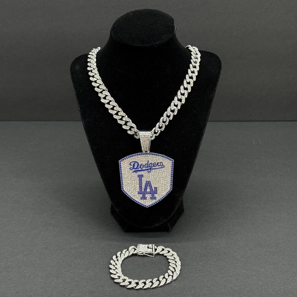 LA Dodgers Cuban Link Chain Iced Out Crystal 18" Necklace & Bracelet Silver Tone